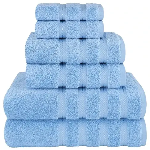 American Soft Linen Hashamatli 6 qismli sochiq to‘plami, 2 ta vanna sochiqi, 2 ta qo‘l sochiqi, 2 ta yuz sochiqi, 600 GSM 100% paxta Turk hammom sochiqlari, Ochiq ko‘k sochiq to‘plamlari - 2