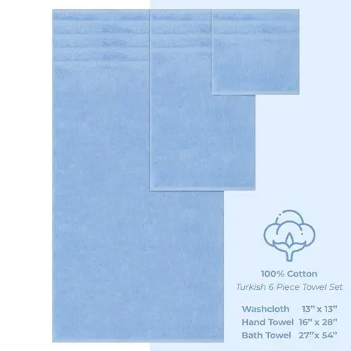 American Soft Linen Hashamatli 6 qismli sochiq to‘plami, 2 ta vanna sochiqi, 2 ta qo‘l sochiqi, 2 ta yuz sochiqi, 600 GSM 100% paxta Turk hammom sochiqlari, Ochiq ko‘k sochiq to‘plamlari - 5