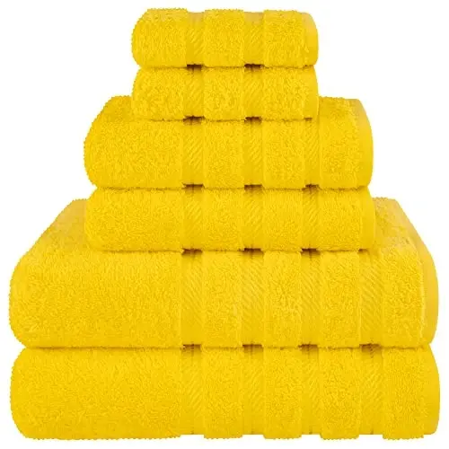 American Soft Linen Hashamatli 6 qismli sochiq to'plami, 2 ta vanna sochiqi, 2 ta qo'l sochiqi, 2 ta yuz sochiqi, 600 GSM 100% paxta Turk hammom sochiqlari, Sariq sochiq to'plamlari - 2