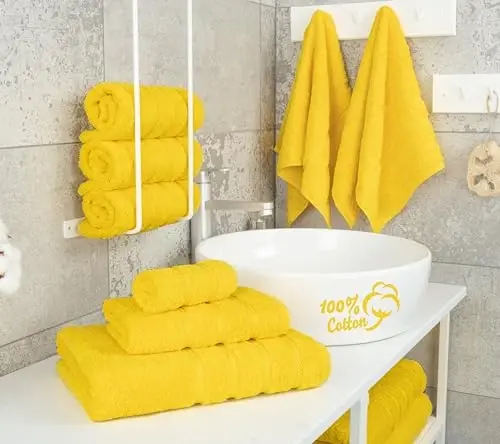 American Soft Linen Hashamatli 6 qismli sochiq to'plami, 2 ta vanna sochiqi, 2 ta qo'l sochiqi, 2 ta yuz sochiqi, 600 GSM 100% paxta Turk hammom sochiqlari, Sariq sochiq to'plamlari - 3