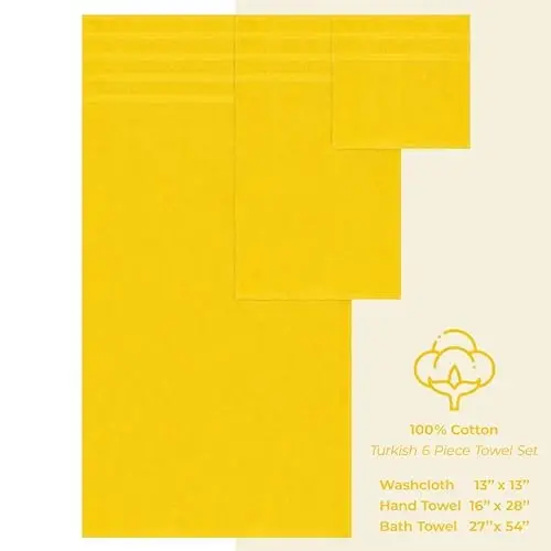 American Soft Linen Hashamatli 6 qismli sochiq to'plami, 2 ta vanna sochiqi, 2 ta qo'l sochiqi, 2 ta yuz sochiqi, 600 GSM 100% paxta Turk hammom sochiqlari, Sariq sochiq to'plamlari - 5