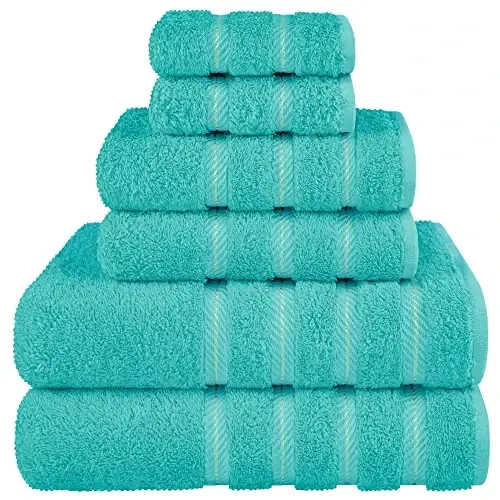 American Soft Linen Hashamatli 6 qismli sochiq to'plami, 2 ta vanna sochiqi, 2 ta qo'l sochiqi, 2 ta yuz sochiqi, 600 GSM 100% Paxta Turk Sochiqlari, Firuza Ko'k Sochiq To'plamlari - AMERICAN SOFT LINEN (1)