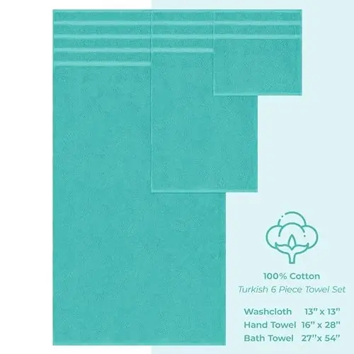 American Soft Linen Hashamatli 6 qismli sochiq to'plami, 2 ta vanna sochiqi, 2 ta qo'l sochiqi, 2 ta yuz sochiqi, 600 GSM 100% Paxta Turk Sochiqlari, Firuza Ko'k Sochiq To'plamlari - 5
