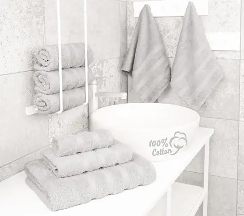 American Soft Linen Hashamatli 6 qismli sochiq to'plami, 2 ta vanna sochiqi, 2 ta qo'l sochiqi, 2 ta yuz sochiqi, 600 GSM 100% paxta Turk sochiqlari, Kumush rang - 3