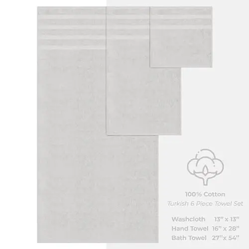 American Soft Linen Hashamatli 6 qismli sochiq to'plami, 2 ta vanna sochiqi, 2 ta qo'l sochiqi, 2 ta yuz sochiqi, 600 GSM 100% paxta Turk sochiqlari, Kumush rang - 5
