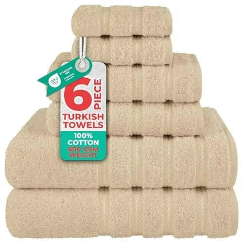 American Soft Linen Hashamatli 6 qismli sochiqlar toʻplami, 2 ta vanna sochiqi, 2 ta qoʻl sochiqi, 2 ta yuz sochiqi, hammom uchun 600 GSM 100% paxtadan tayyorlangan turk sochiqlari, bej rangli sochiqlar toʻplami - 1