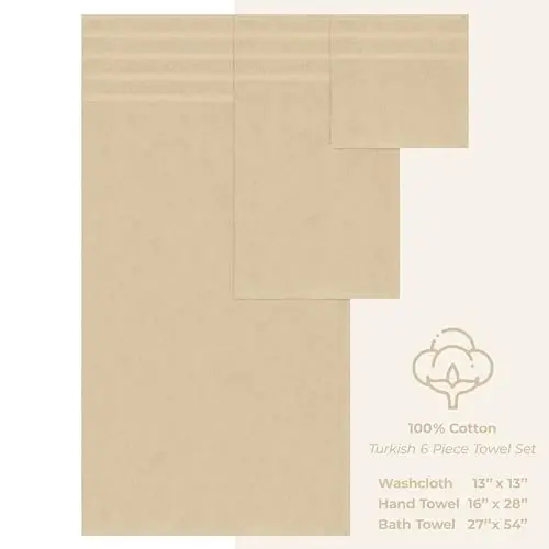 American Soft Linen Hashamatli 6 qismli sochiqlar toʻplami, 2 ta vanna sochiqi, 2 ta qoʻl sochiqi, 2 ta yuz sochiqi, hammom uchun 600 GSM 100% paxtadan tayyorlangan turk sochiqlari, bej rangli sochiqlar toʻplami - 4