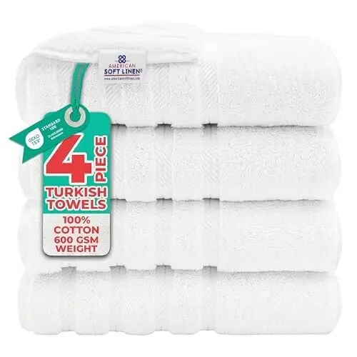 American Soft Linen Hashhamdor 4 qismli Vannaxona Sochiqlar To'plami, 600 GSM 100% Paxtali Turk Vannaxona Sochiqlari, 27x54 dyuym Juda Katta Dush Sochiqlari, Oq - AMERICAN SOFT LINEN