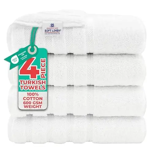 American Soft Linen Hashhamdor 4 qismli Vannaxona Sochiqlar To'plami, 600 GSM 100% Paxtali Turk Vannaxona Sochiqlari, 27x54 dyuym Juda Katta Dush Sochiqlari, Oq - 1