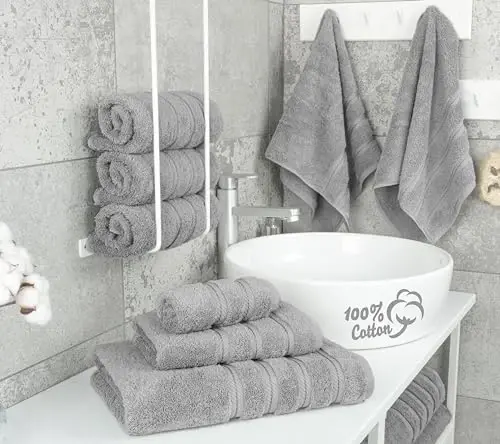 American Soft Linen Lüks 6 Parça Havlu Seti, 2 Banyo Havlusu, 2 El Havlusu, 2 Yüz Bezi, 600 GSM %100 Pamuk Banyo için Türk Havluları, Açık Gri Havlu Setleri - 3