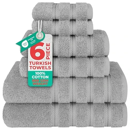 American Soft Linen Luxury 6 Piece Towel Set, 2 Bath Towels 2 Hand Towel 2 Washcloths, 600 GSM 100% Cotton Turkish Towels for Bathroom, Light Grey Towel Sets 