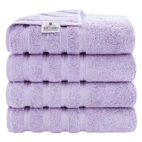 American Soft Linen Luxury 4 Bo'lakli Vannaxona Sochiq To'plami, 600 GSM 100% Paxta Vannaxona uchun Turk Sochiqlari, 27x54 dyuym Juda Katta Vannaxona Dush Sochiqlari, Binafsharang 