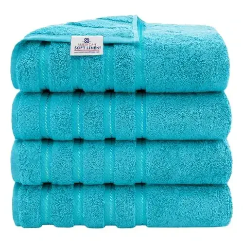American Soft Linen Luxury 4 Piece Bath Towel Set, 600 GSM 100% Cotton Turkish Bath Towels for Bathroom, 27x54 in Extra Large Bathroom Shower Towels, Aqua Blue - 1