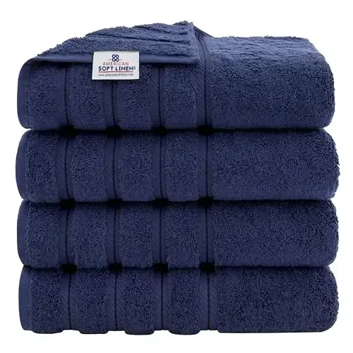 American Soft Linen Luxury 4 Piece Bath Towel Set, 600 GSM 100% Cotton Turkish Bath Towels for Bathroom, 27x54 in Extra Large Bathroom Shower Towels, Navy Blue 