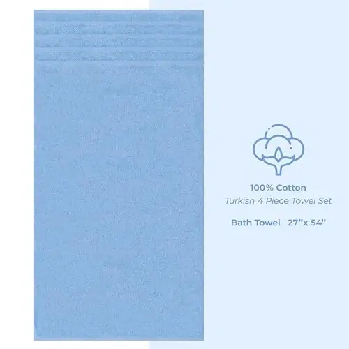 American Soft Linen Luxury 4 Piece Bath Towel Set, 600 GSM 100% Cotton Turkish Bath Towels for Bathroom, 27x54 in Large Bathroom Shower Towels, Sky Blue - 4
