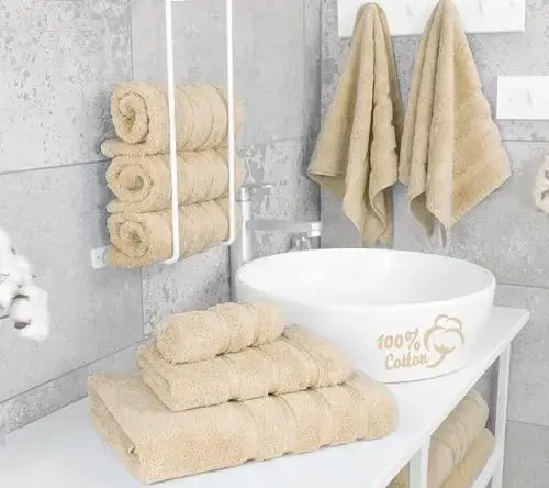 American Soft Linen Luxury 6 Piece Towel Set, 2 Bath Towels 2 Hand Towel 2 Washcloths, 600 GSM 100% Cotton Turkish Towels for Bathroom, Beige Towel Sets - 3