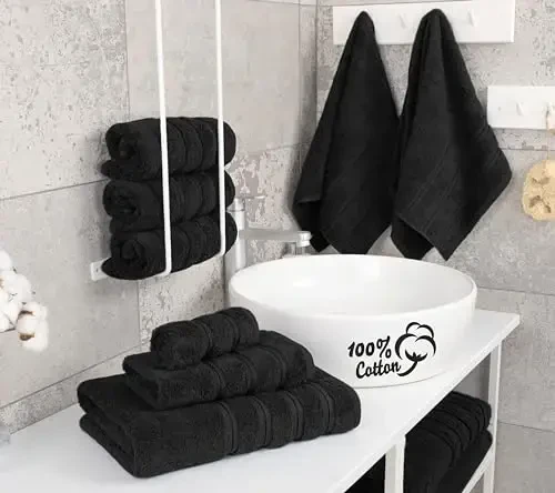 American Soft Linen Luxury 6 Piece Towel Set, 2 Bath Towels 2 Hand Towel 2 Washcloths, 600 GSM 100% Cotton Turkish Towels for Bathroom, Black Towel Sets - 3