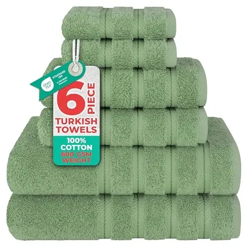 American Soft Linen Luxury 6 Piece Towel Set, 2 Bath Towels 2 Hand Towel 2 Washcloths, 600 GSM 100% Cotton Turkish Towels for Bathroom, Sage Green Towel Sets 