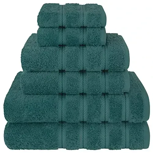 American Soft Linen Luxury 6 Piece Towel Set, 2 Bath Towels 2 Hand Towel 2 Washcloths, 600 GSM 100% Cotton Turkish Towels for Bathroom, Teal Towel Sets - 1