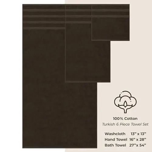 American Soft Linen Luxury 6 qismli sochiq to'plami, 2 ta hammom sochiqi, 2 ta qo'l sochiqi, 2 ta yuz sochiqi, 600 GSM 100% paxta Turk hammom sochiqlari, jigarrang sochiq to'plami - 5