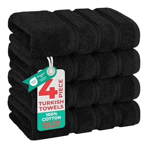 American Soft Linen Luxury Hammom uchun qo'l sochiqlari, 600 GSM 100% paxta turkcha 4 dona qo'l sochiq to'plami, oshxona uchun 600 GSM qo'l yuz sochiqlari, qora qo'l sochiqlari - 1