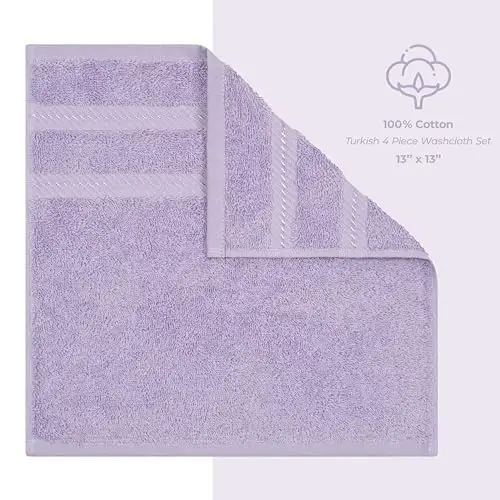 American Soft Linen Luxury Washcloths for Bathroom, 600 GSM 100% Cotton 4 Piece Turkish Wash Cloth Set, 13x13 in Soft Rags for Body and Face, Lilac Washcloths - 4