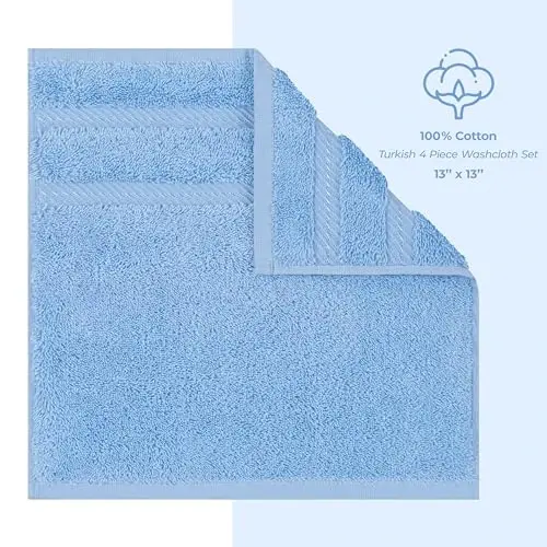 American Soft Linen Luxury Washcloths for Bathroom, 600 GSM 100% Cotton 4 Piece Turkish Wash Cloth Set, 13x13 in Soft Rags for Body and Face, Sky Blue Washcloths - 4