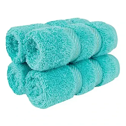 American Soft Linen Luxury Washcloths for Bathroom, 600 GSM 100% Cotton 4 Piece Turkish Wash Cloth Set, 13x13 in Soft Rags for Body and Face, Turquoise Blue Washcloths 