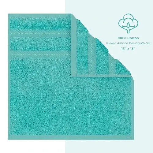 American Soft Linen Luxury Washcloths for Bathroom, 600 GSM 100% Cotton 4 Piece Turkish Wash Cloth Set, 13x13 in Soft Rags for Body and Face, Turquoise Blue Washcloths - 4