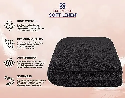 American Soft Linen Oversized Bath Sheet 40x80 Extra Large for Bathroom, 600 GSM 100% Cotton Turkish Jumbo Bathsheet Towels for Adults, Black Bath Sheet - 4