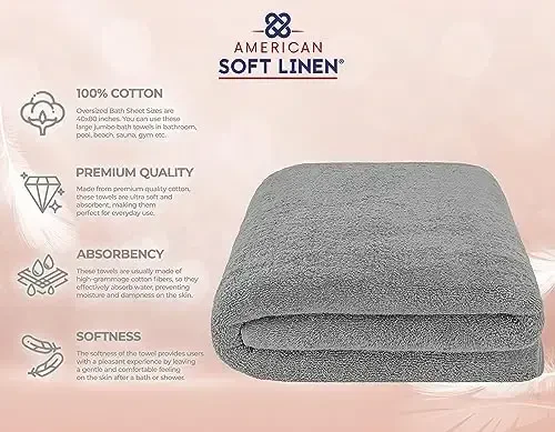 American Soft Linen Oversized Bath Sheet 40x80 Extra Large for Bathroom, 600 GSM 100% Cotton Turkish Jumbo Bathsheet Towels for Adults, Light Grey Bath Sheet - 4