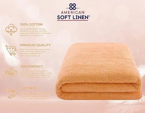 American Soft Linen Oversized Bath Sheet 40x80 Extra Large for Bathroom, 600 GSM 100% Cotton Turkish Jumbo Bathsheet Towels for Adults Malibu Peach Bath Sheet - 4