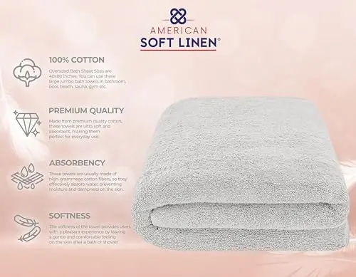 American Soft Linen Oversized Bath Sheet 40x80 Extra Large for Bathroom, 600 GSM 100% Cotton Turkish Jumbo Bathsheet Towels for Adults, Silver Gray Bath Sheet - 4