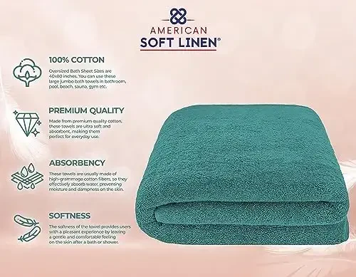 American Soft Linen Oversized Bath Sheet 40x80 Extra Large for Bathroom, 600 GSM 100% Cotton Turkish Jumbo Bathsheet Towels for Adults, Teal Bath Sheet - 4