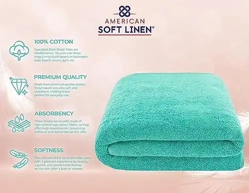 American Soft Linen Oversized Bath Sheet 40x80 Extra Large for Bathroom, 600 GSM 100% Cotton Turkish Jumbo Bathsheet Towels for Adults, Turquoise Bath Sheet - 4