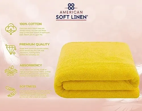 American Soft Linen Oversized Bath Sheet 40x80 Extra Large for Bathroom, 600 GSM 100% Cotton Turkish Jumbo Bathsheet Towels for Adults, Yellow Bath Sheet - 4