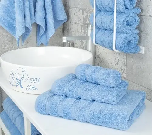 American Soft Linen Premium 3 Parça Havlu Seti, 1 Banyo Havlusu 1 El Havlusu 1 Yıkama Bezi, Banyo için 600 GSM %100 Pamuk Türk Havluları, Gök Mavisi Havlu Seti - 2