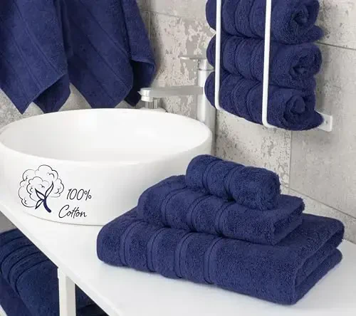 American Soft Linen Premium 3 Piece Towel Set, 1 Bath Towel 1 Hand Towel 1 Washcloth, 600 GSM 100% Cotton Turkish Towels for Bathroom, Navy Blue Towel Set - 3