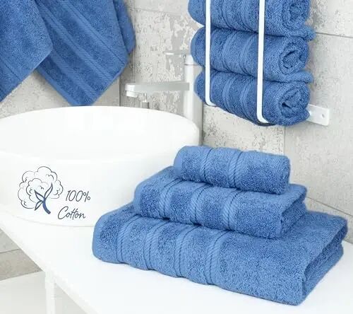 American Soft Linen Premium 3 Parça Havlu Seti, 1 Banyo Havlusu 1 El Havlusu 1 Yüz Bezi, 600 GSM %100 Pamuklu Banyo için Türk Havluları, Elektrik Mavisi Havlu Seti - 2