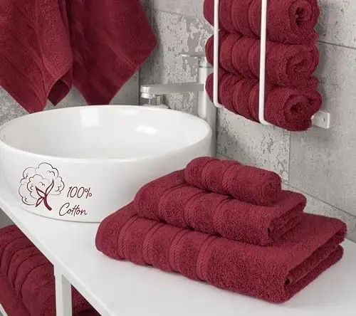 American Soft Linen Premium 3 Piece Towel Set, 1 Bath Towel 1 Hand Towel 1 Washcloth, 600 GSM 100% Cotton Turkish Towels for Bathroom, Bordeaux Red Towel Set - 2