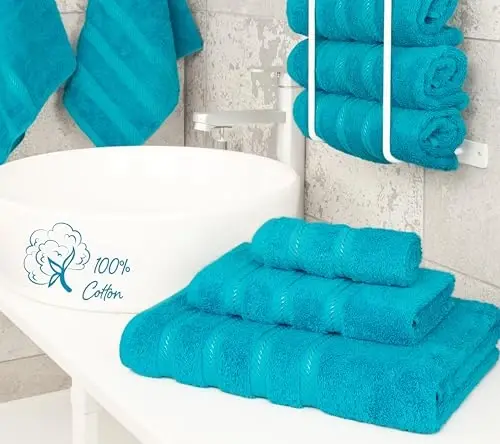 American Soft Linen Premium 3 Parçalı Havlu Seti, 1 Banyo Havlusu 1 El Havlusu 1 Yüz Bezi, 600 GSM %100 Pamuk Banyo İçin Türk Havluları, Su Mavisi Havlu Seti - 2