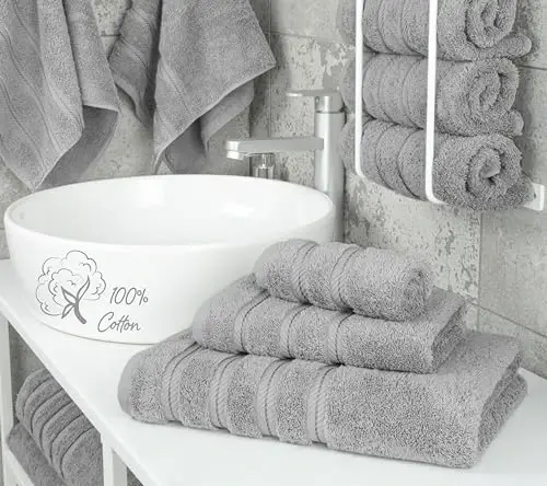 American Soft Linen Premium 3 Piece Sochiqlar to'plami, 1 ta hammom sochiqi, 1 ta qo'l sochiqi, 1 ta yuvinish uchun mato, 600 GSM 100% paxta Turk sochiqlari hammom uchun, och kulrang sochiqlar to'plami - 2