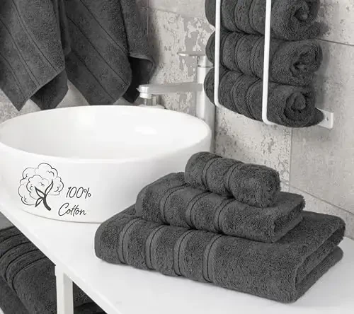 American Soft Linen Premium 3 Piece Towel Set, 1 Bath Towel 1 Hand Towel 1 Washcloth, 600 GSM 100% Cotton Turkish Towels for Bathroom, Dark Gray Towel Set - 3