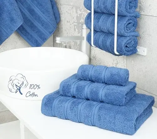 American Soft Linen Premium 3 Piece Towel Set, 1 Bath Towel 1 Hand Towel 1 Washcloth, 600 GSM 100% Cotton Turkish Towels for Bathroom, Electric Blue Towel Set - 2