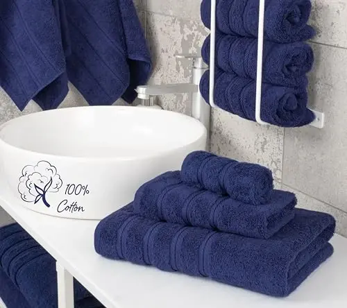 American Soft Linen Premium 3 Piece Towel Set, 1 Bath Towel 1 Hand Towel 1 Washcloth, 600 GSM 100% Cotton Turkish Towels for Bathroom, Navy Blue Towel Set - 2