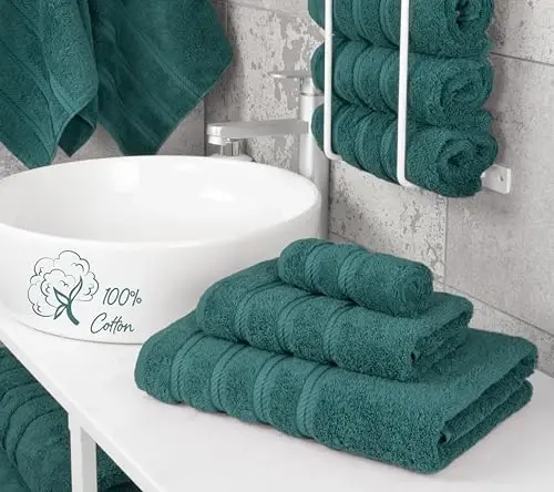 American Soft Linen Premium 3 Piece Towel Set, 1 Bath Towel 1 Hand Towel 1 Washcloth, 600 GSM 100% Cotton Turkish Towels for Bathroom, Teal Towel Set - 2