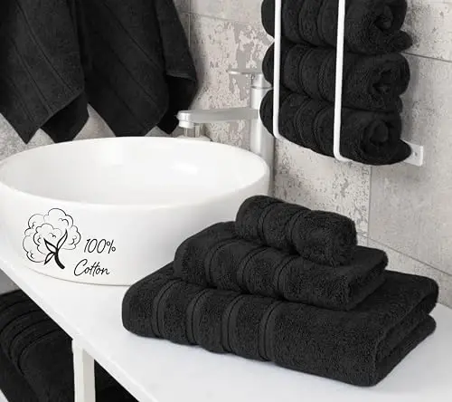 American Soft Linen Premium 3 qismli sochiq to'plami, 1 ta hammom sochiqi 1 ta qo'l sochiqi 1 ta yuz sochiqi, 600 GSM 100% Paxta Vanna uchun Turk sochiqlari, Qora sochiq to'plami - 2