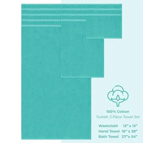 American Soft Linen Premium 3 qismli sochiq to'plami, 1 ta vanna sochiqi, 1 ta qo'l sochiqi, 1 ta yuvinish sochiqi, 600 GSM 100% paxta Turk vanna sochiqlari, Firuza sochiq to'plami - 4
