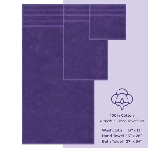 American Soft Linen Premium 3 qismli sochiq to'plami, 1 ta vanna sochiqi, 1 ta qo'l sochiqi, 1 ta yuvish sochiqi, 600 GSM 100% paxta hammom uchun Turk sochiqlari, Binafsharang sochiq to'plami - 4