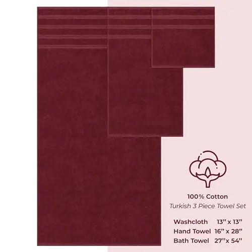 American Soft Linen Premium 3 qismli sochiq to'plami, 1 ta vanna sochiqi, 1 ta qo'l sochiqi, 1 ta yuz sochiqi, 600 GSM 100% Paxta Hammom uchun Turk sochiqlari, Bordo Qizil sochiq to'plami - 4